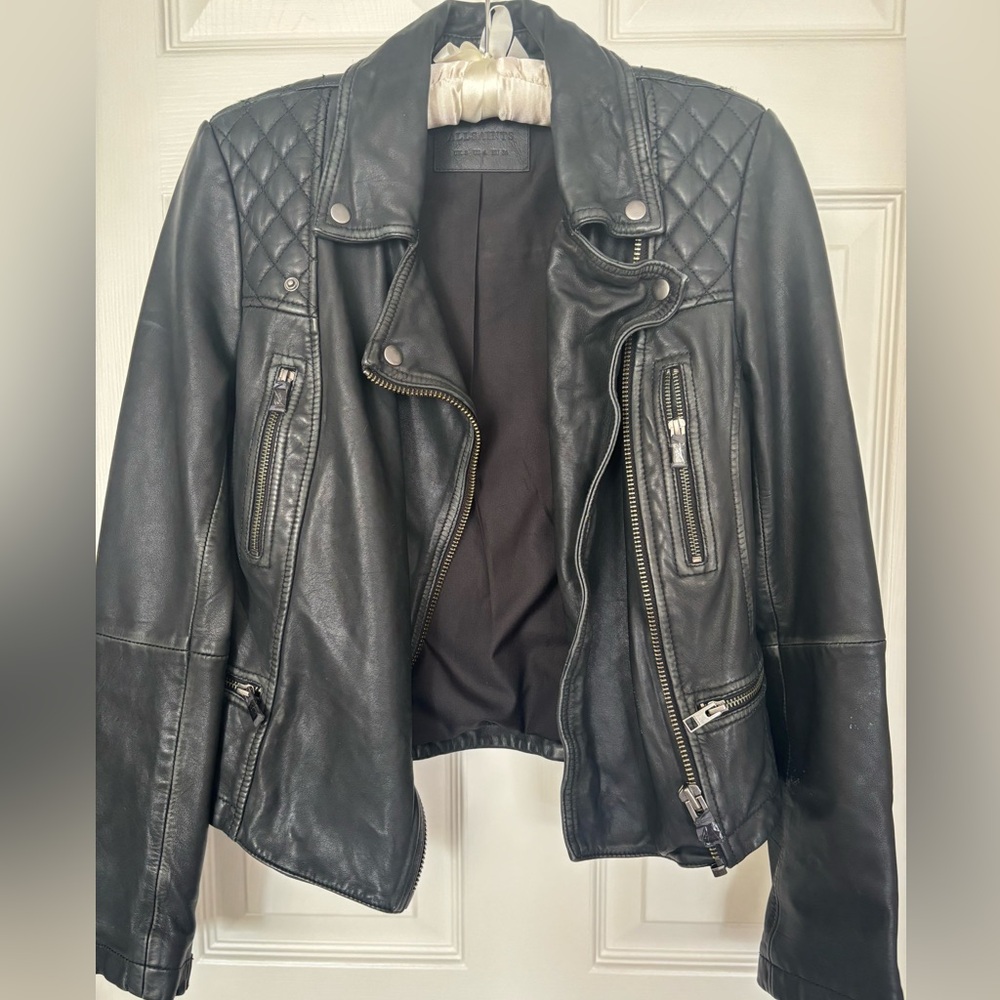 All Saints Cargo Biker Distressed Leather Jacket